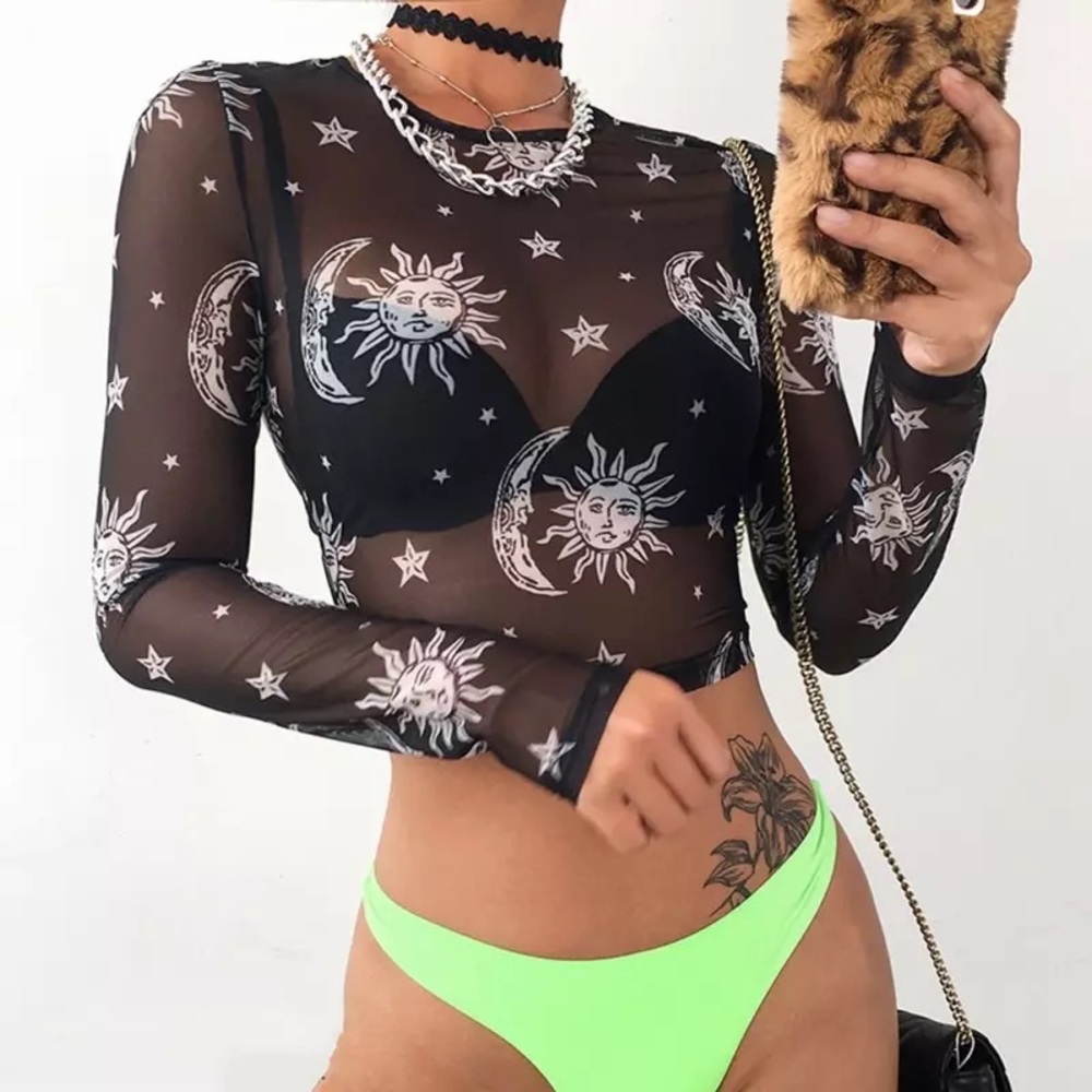 Women Mesh Long Sleeve See Through Top - Picture 5 of 6